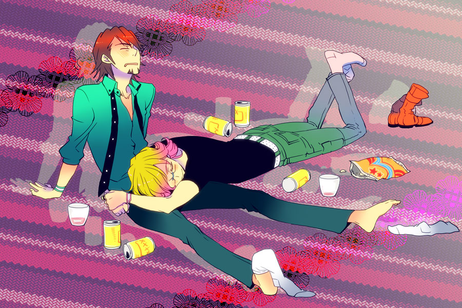 2boys, barnaby_brooks_jr, beer, blonde_hair, boots, brown_hair, can, drunk, facial_hair, footwear, kaburagi_t_kotetsu, kasaki_takao, male, multiple_boys, necktie, short_hair, sleeping, socks, stubble, t-shirt, tiger_&amp;_bunny