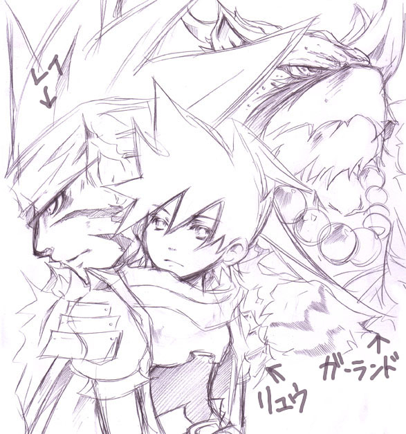 breath_of_fire_iii, garr, monochrome, rei_(breath_of_fire), ryuu_(breath_of_fire_iii), sketch