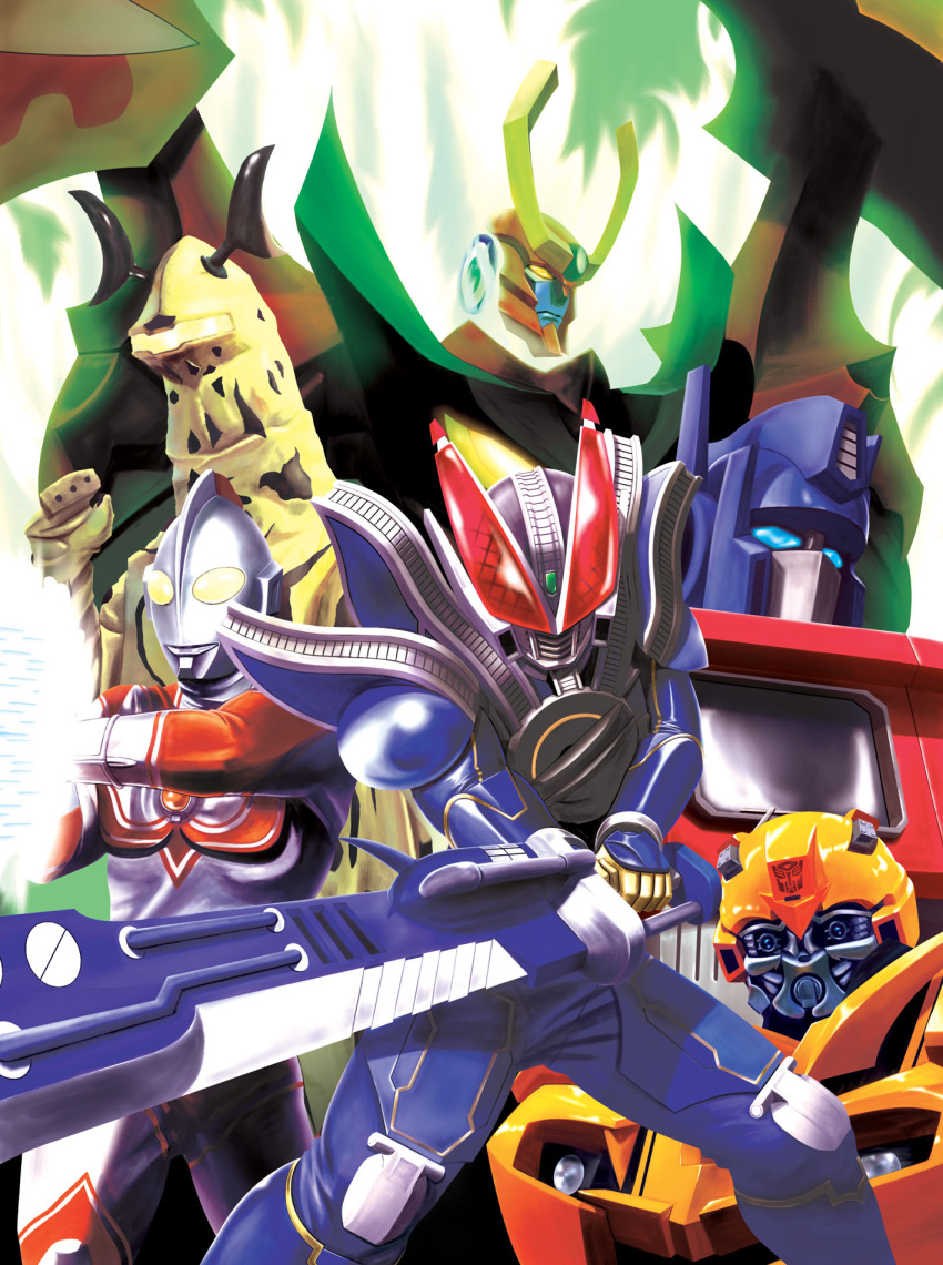 bad_id, bad_pixiv_id, bumblebee, cover, cover_page, crossover, eleking, highres, hiro_(hibikigaro), horns, kaette_kita_ultraman, kaijuu, kamen_rider, kamen_rider_den-o_(series), kamen_rider_new_den-o, mecha, no_humans, optimus_prime, sword, tengen_toppa_gurren-lagann_(mecha), tengen_toppa_gurren_lagann, transformers, ultra_series, ultra_seven_(series), ultraman_jack, weapon