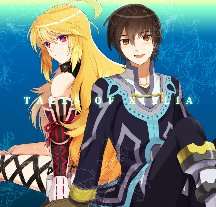 bad_id, black_hair, blonde_hair, brown_eyes, choker, elbow_gloves, gloves, gradient_hair, green_hair, jude_mathis, milla_maxwell, multicolored_hair, oselo721, red_eyes, tales_of_(series), tales_of_xillia