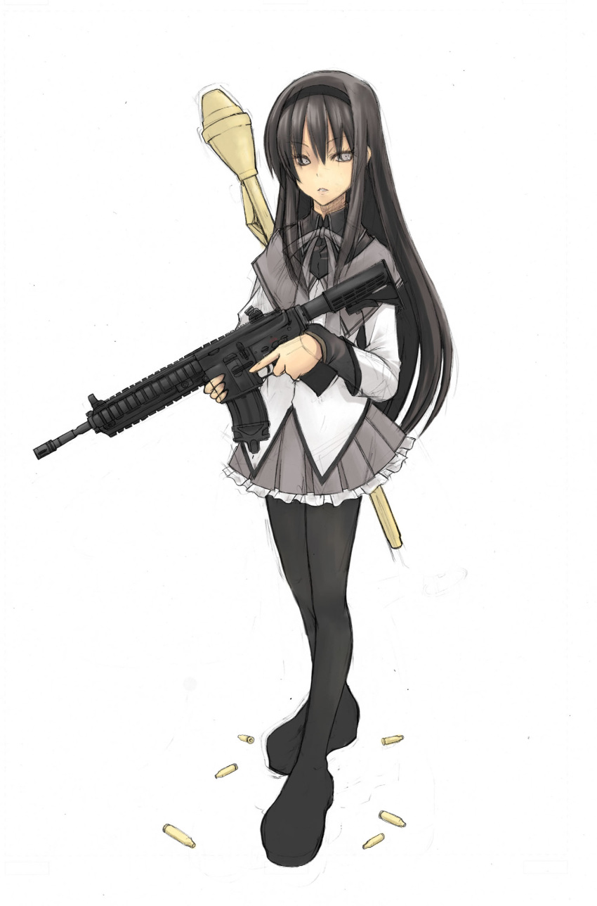 akemi_homura, assault_rifle, black_hair, black_legwear, boots, bullet, collar, grey_eyes