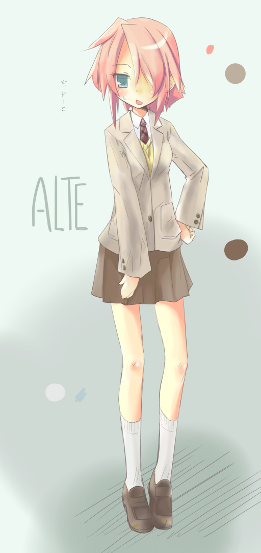 alternate_costume, blush, fuka_mizno, green_eyes, hair_over_one_eye, hand_on_hip, hips, pink_hair