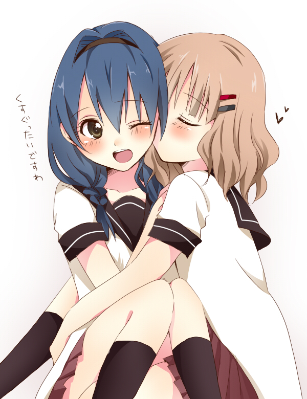 bad_id, black_legwear, blonde_hair, blue_hair, blush, braid, cheek_kiss, closed_eyes