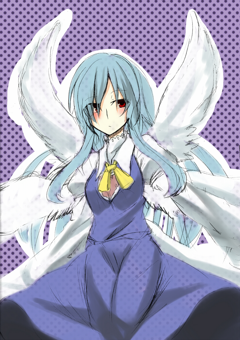 angel, blue_hair, long_hair, red_eyes, rinnrinn, sariel, solo, touhou, touhou_(pc-98), wings
