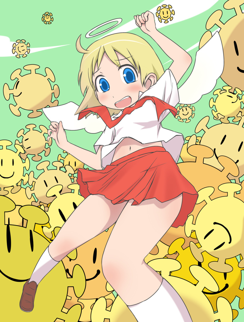 angel, angel_(nichijou), angel_wings, blonde_hair, blue_eyes, d:, falling, green_background, halo, helvetica_standard, heveltica-tan, highres, katsuo9, kneehighs, looking_down, nichijou, open_mouth, pino_(helvetica_standard), school_uniform, shirt, short_hair, skirt, sky, solo, sun, white_legwear, wings