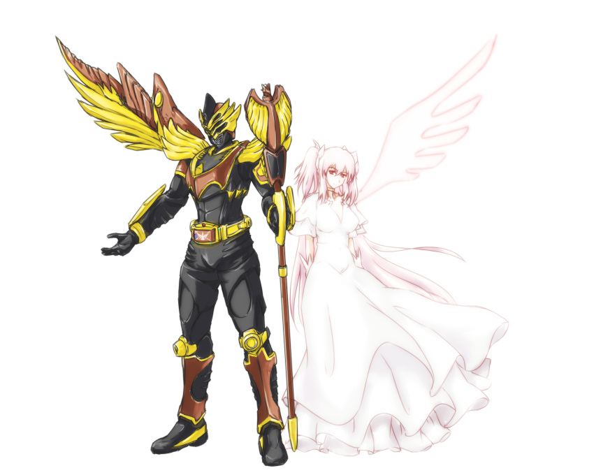 dress, full_body, goddess_madoka, highres, kamen_rider, kamen_rider_odin, kamen_rider_ryuki_(series), kaname_madoka, keeth, mahou_shoujo_madoka_magica, pink_hair, red_eyes, simple_background, staff, ultimate_madoka, wings