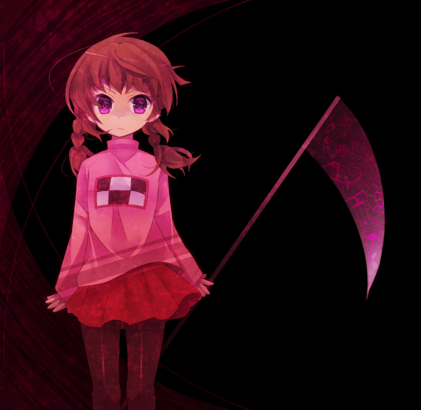 brown_hair, highres, madotsuki, moe_on_drop, pantyhose, purple_eyes, scythe, skirt
