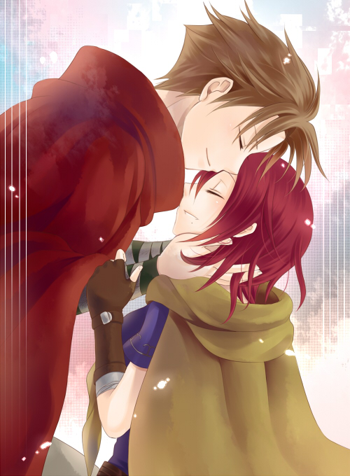 1boy, 1girl, blonde_hair, cape, closed_eyes, couple, fingerless_gloves, fire_emblem, fire_emblem:_rekka_no_ken, gloves, leila_(fire_emblem), matthew, redhead, smile