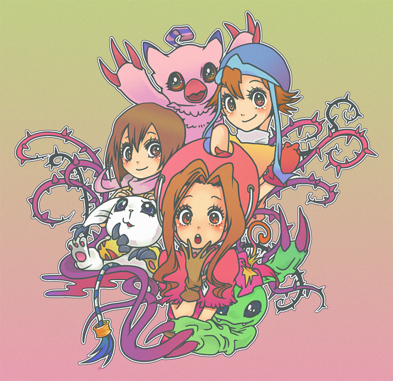 bird, biyomon, blue_eyes, brown_eyes, brown_hair, cat, cowboy_hat, digimon