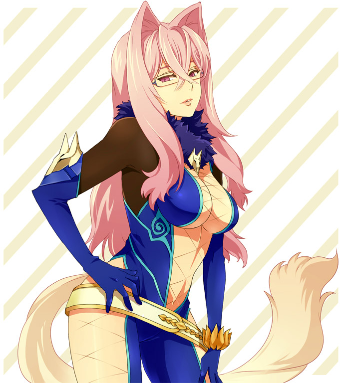 beltskirt, bodysuit, breasts, cleavage, enomoto_(luck-by-luck), glasses, gloves, hair_intakes