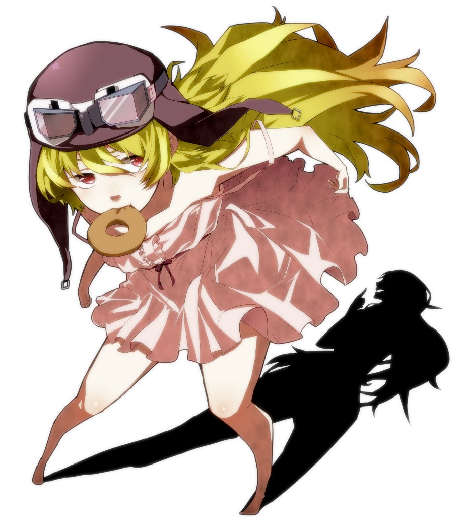 blonde_hair, doughnut, dress, goggles, helmet, long_hair, monogatari_(series), mouth_hold, oshino_shinobu, perspective, red_eyes, shadow, strap_slip, sundress, tena_(peony), white_dress