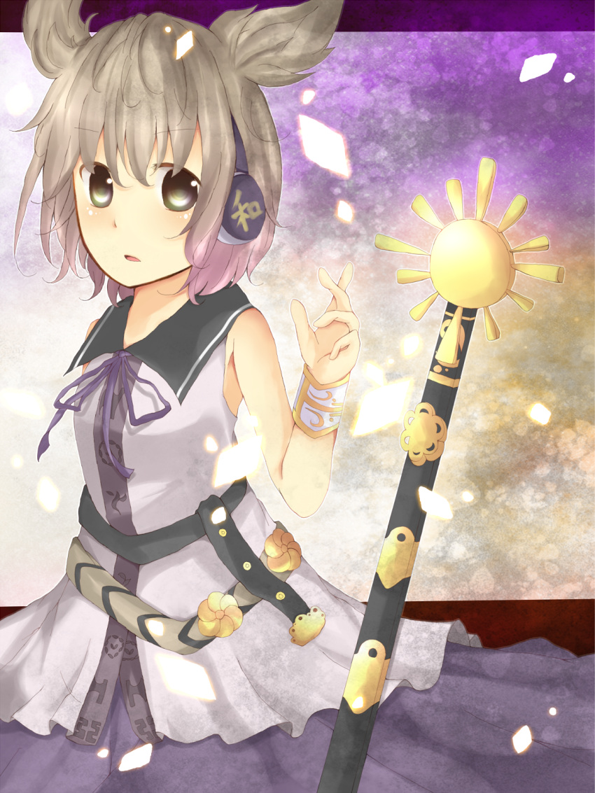 brown_eyes, brown_hair, bun_no_ji, headphones, highres, solo, sword, sword_of_hisou