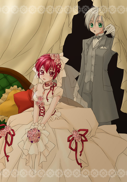 bouquet, chair, choker, curtains, dress, flower, formal, gloves