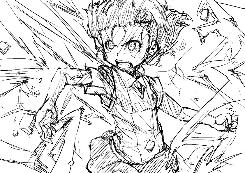 akibin, battle, black_&amp;_white, fighting_stance, misaka_mikoto, open_mouth, rough, skirt, to_aru_kagaku_no_railgun, to_aru_majutsu_no_index