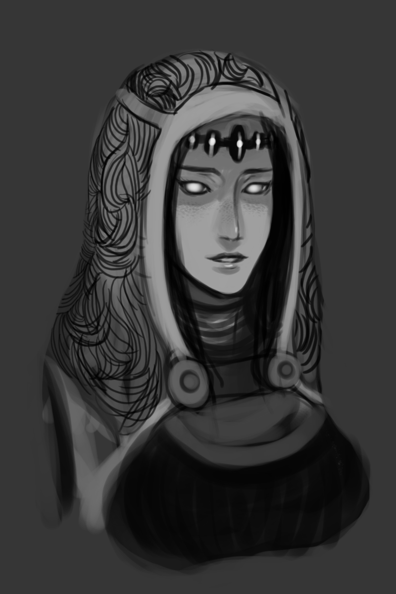 1girl, alien, artist_request, breasts, freckles, glowing_eyes, highres, hood