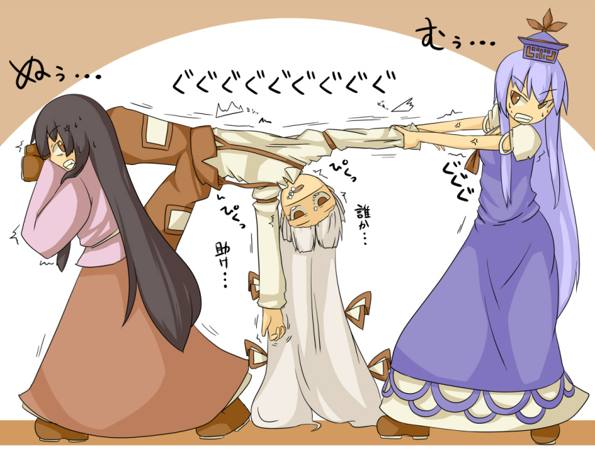 anger_vein, black_hair, blue_hair, bow, dress, fujiwara_no_mokou, hair_bow, hat