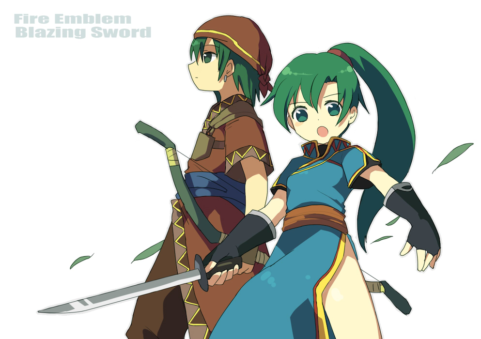 1boy, 1girl, bow_(weapon), couple, earrings, fingerless_gloves, fire_emblem, fire_emblem:_rekka_no_ken