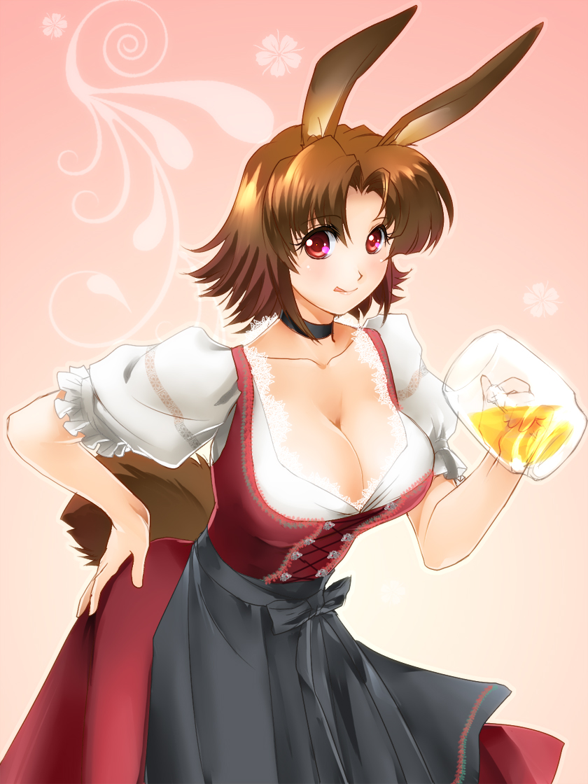1girl, animal_ears, bar_maid, beer, blush, breasts, brown_hair, bunny_ears