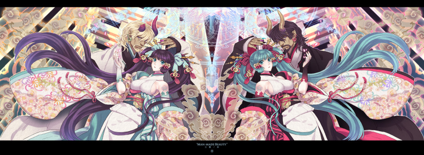 2girls, aqua_eyes, aqua_hair, black_hair, earrings, hair_ornament, hair_ribbon, hatsune_miku