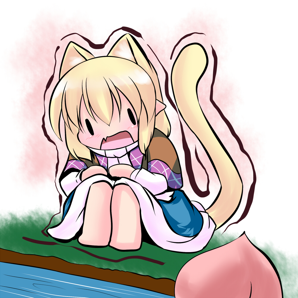 animal_ears, blonde_hair, cat_ears, cat_tail, chibi, extra_ears, food, food_awe