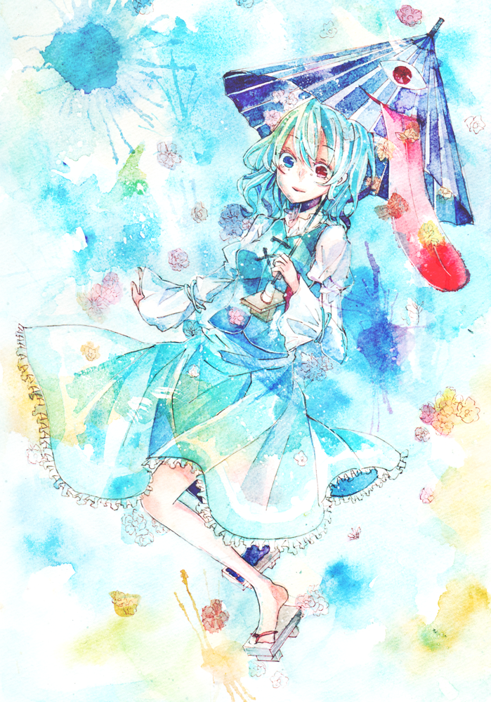 blue_eyes, blue_hair, heterochromia, karakasa_obake, open_mouth, red_eyes, shiratsuyu, short_hair