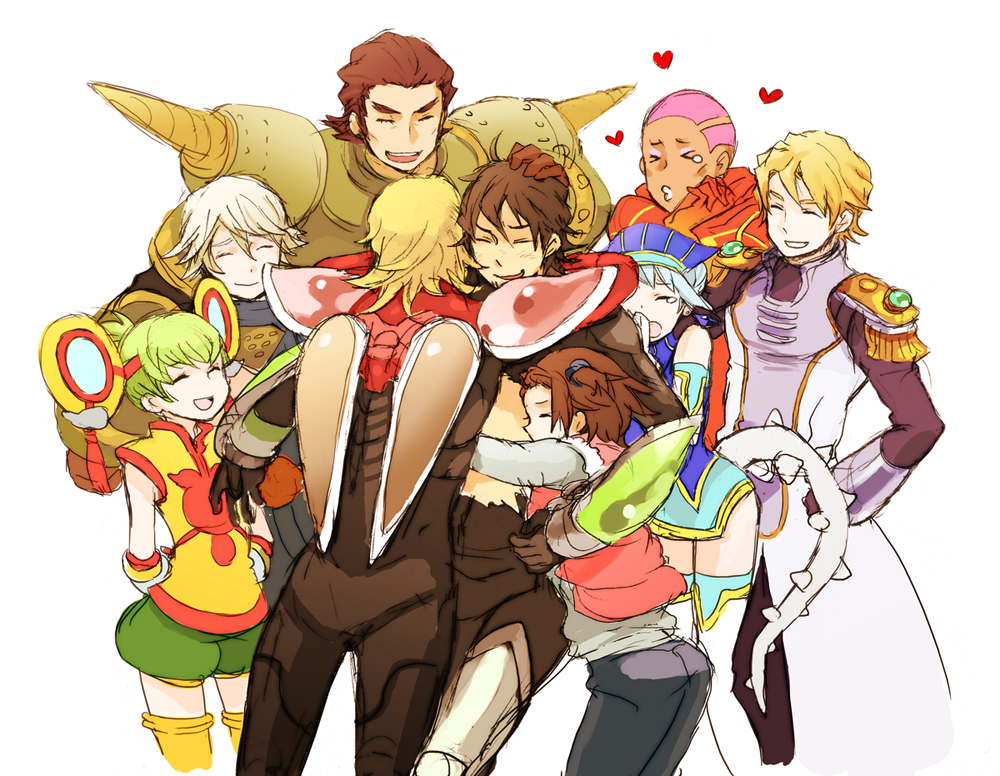 age_difference, antonio_lopez, barnaby_brooks_jr, blonde_hair, blue_hair, blue_rose_(tiger_&amp;_bunny), brown_hair, chinese_clothes, closed_eyes, dragon_kid, epaulettes, eyes_closed, father_and_daughter, fire_emblem_(tiger_&amp;_bunny), green_hair, group_hug, hat, heart, huang_baoling, hug, ivan_karelin, kaburagi_kaede, kaburagi_t_kotetsu, karina_lyle, keith_goodman, male, morisuke, nathan_seymour, origami_cyclone, power_armor, rock_bison, short_hair, simple_background, sky_high, spoilers, superhero, tears, tiger_&amp;_bunny, white_background, wild_tiger