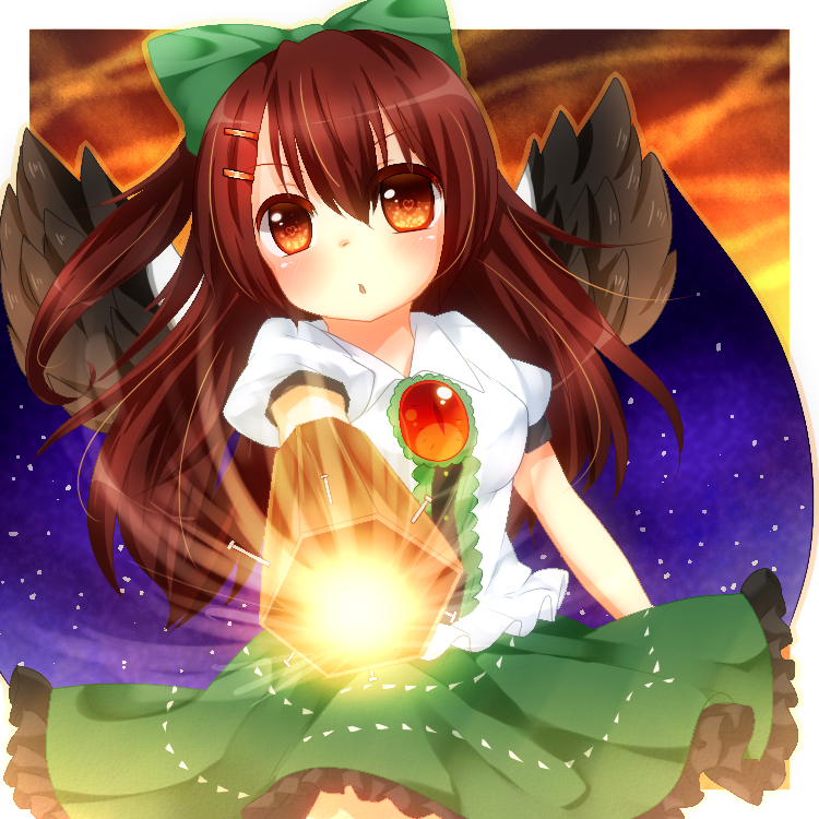 arm_cannon, brown_hair, hair_ornament, hair_ribbon, hairpin, heart, heart-shaped_pupils, heart_eyes