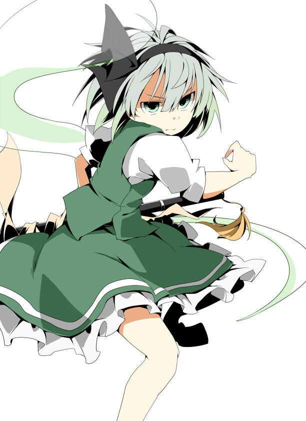 alternate_eye_color, bad_id, dress, fighting_stance, green_dress, green_eyes, hairband, hitodama, katana, konpaku_youmu, konpaku_youmu_(ghost), la-do, looking_at_viewer, pose, scabbard, sheath, sheathe, sheathed, short_hair, silver-hair, silver_hair, simple_background, skirt, solo, sword, touhou, vest, weapon