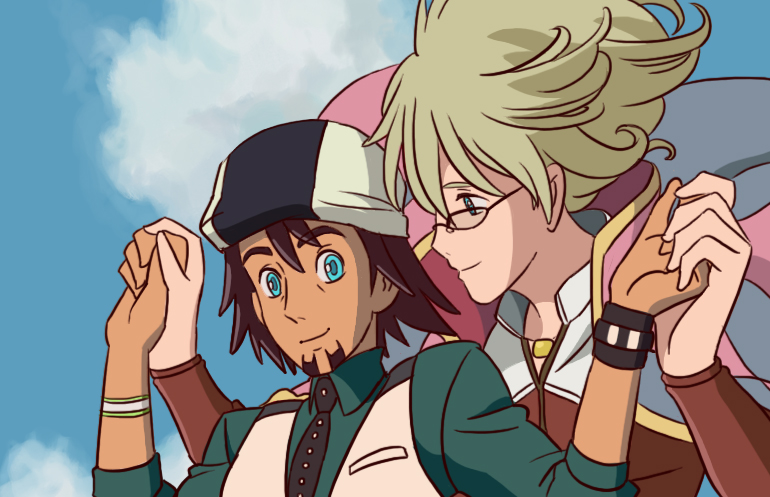 2boys, aqua_eyes, barnaby_brooks_jr, blonde_hair, blue_eyes, brown_hair, cabbie_hat, derivative_work, facial_hair, glasses, glowing_eyes, green_eyes, hat, howl, howl_no_ugoku_shiro, jacket, jewelry, kaburagi_t_kotetsu, male, multiple_boys, necklace, necktie, parody, red_jacket, short_hair, show_you_senbei, sophie, stubble, studio_ghibli, tiger_&amp;_bunny, vest, waistcoat, watch, wristwatch