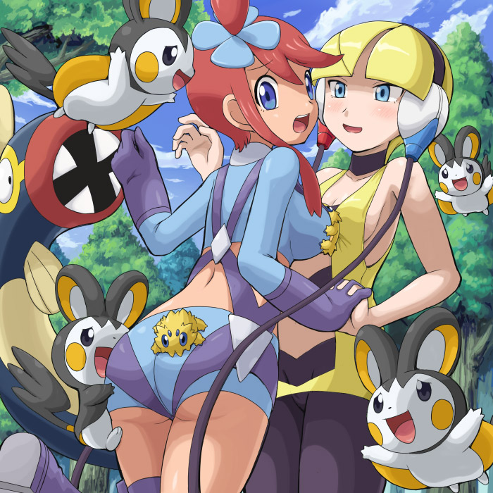 2girls, ass, blonde_hair, blue_eyes, blush, breasts, eelektrik, emolga