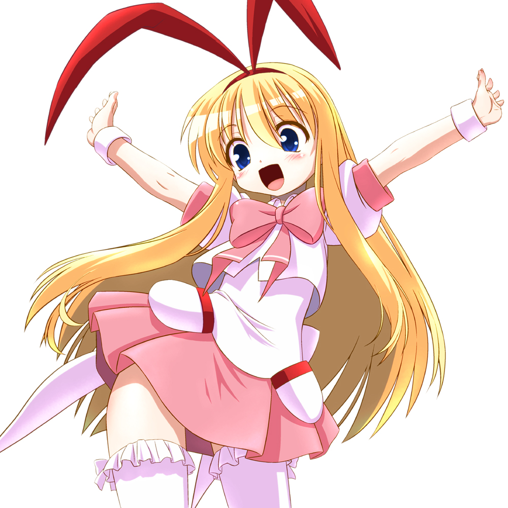 animal_ears, blonde_hair, blue_eyes, blush, bow, bunny_ears, flat_chest, hairband, long_hair, open_mouth, outstretched_arms, saki, shinjou_satomi, skirt, smile, solo, spread_arms, thigh-highs, thighhighs, white_legwear, wrist_cuffs