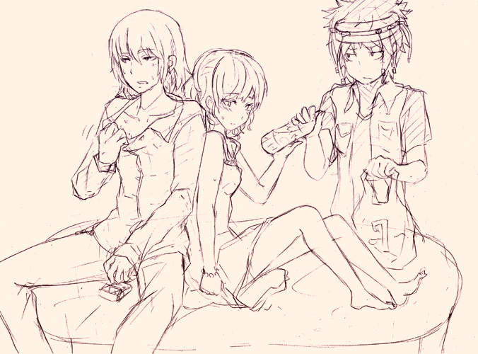 barefoot, blush, dress, kakine_teitoku, monochrome, osakana_(youkina_kabe), sakasana_(kaisen_teikoku), shirt