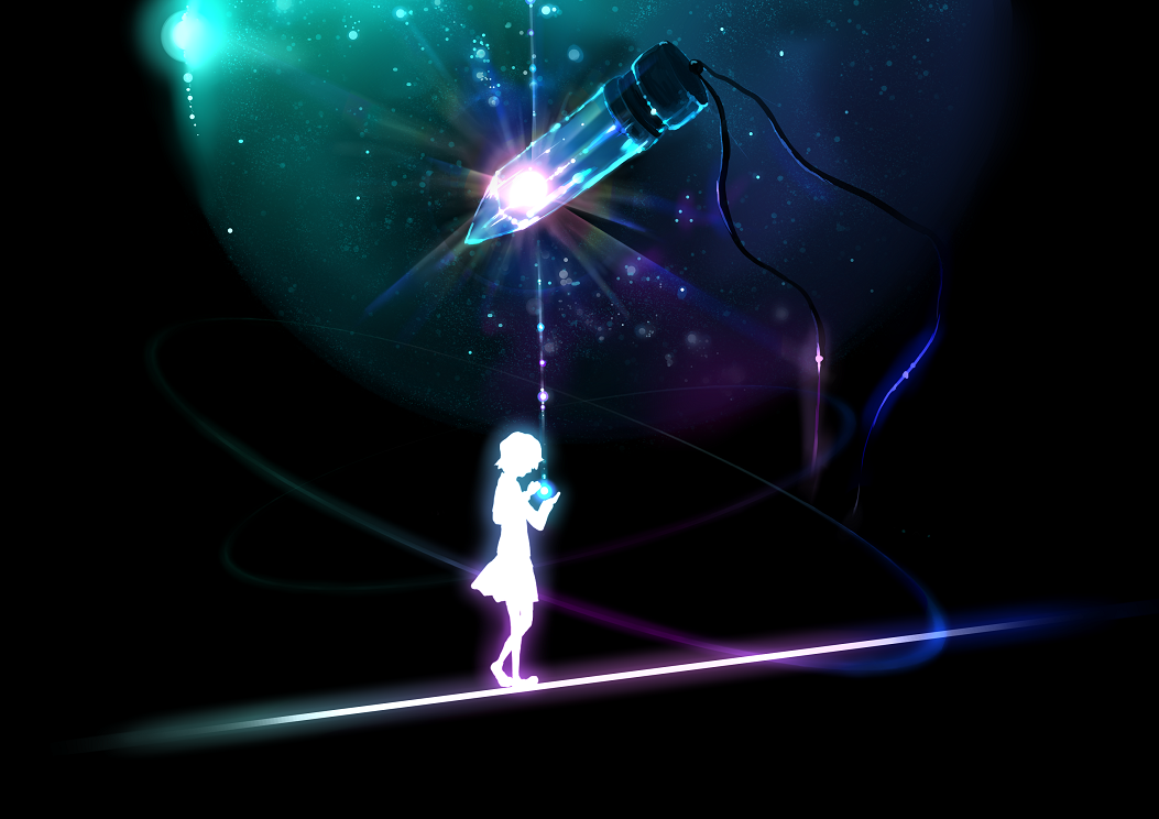 hoshi_o_ou_kodomo, hoshi_wo_ou_kodomo, jewelry, magic, necklace, silhouette, sky, solo