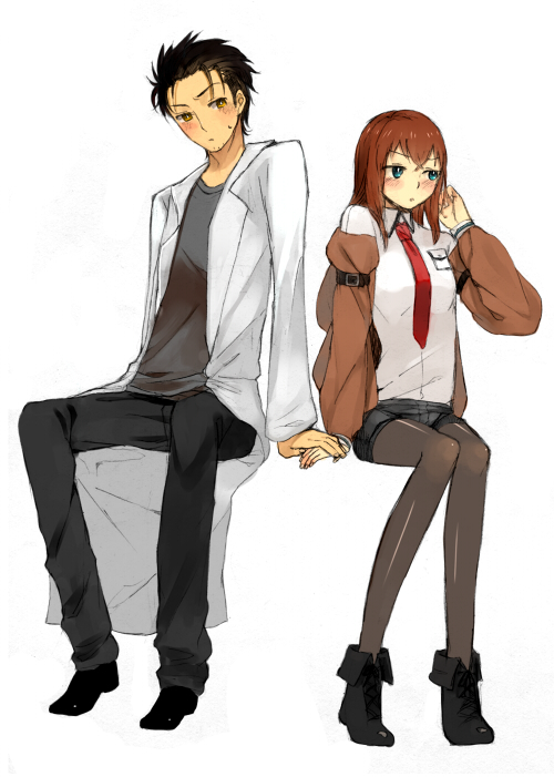 blush, brown_hair, facial_hair, hand_holding, holding_hands, jacket, ki_(mxxxx), labcoat, legwear_under_shorts, long_hair, makise_kurisu, okabe_rintarou, pantyhose, shorts, sitting, steins;gate, stubble