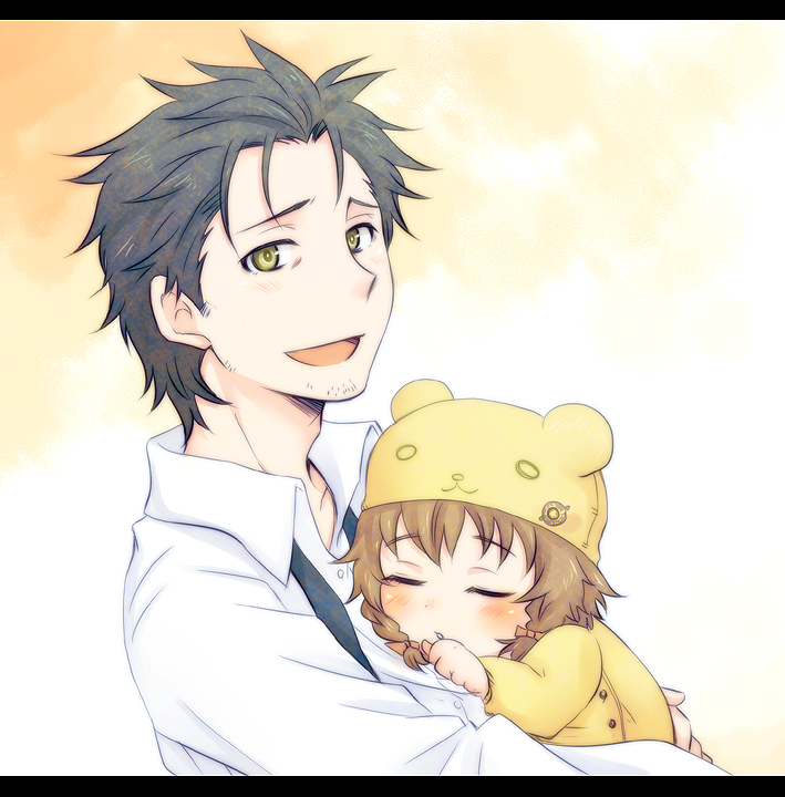 amane_suzuha, animal_hat, baby, badge, black_hair, braid, brown_hair, carrying