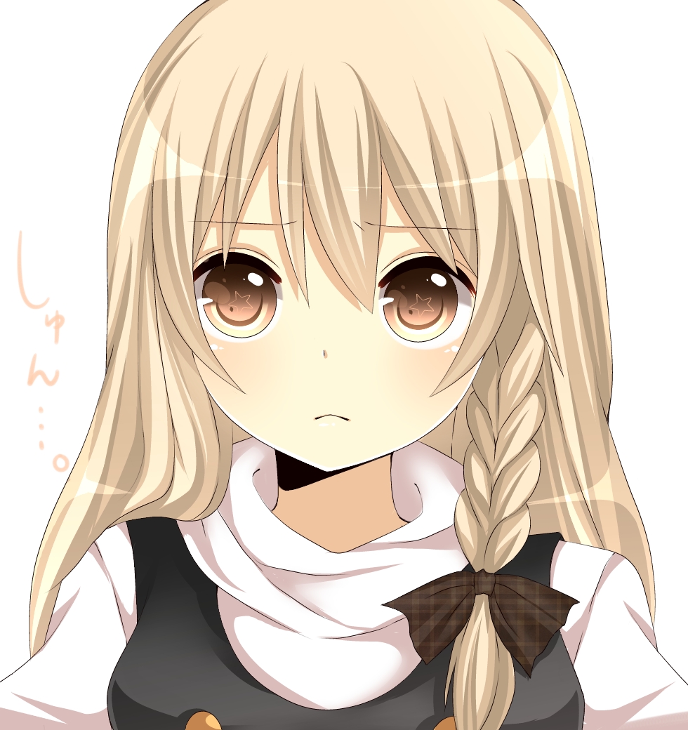 bad_id, blonde_hair, bow, braid, brown_eyes, bust, face, frown