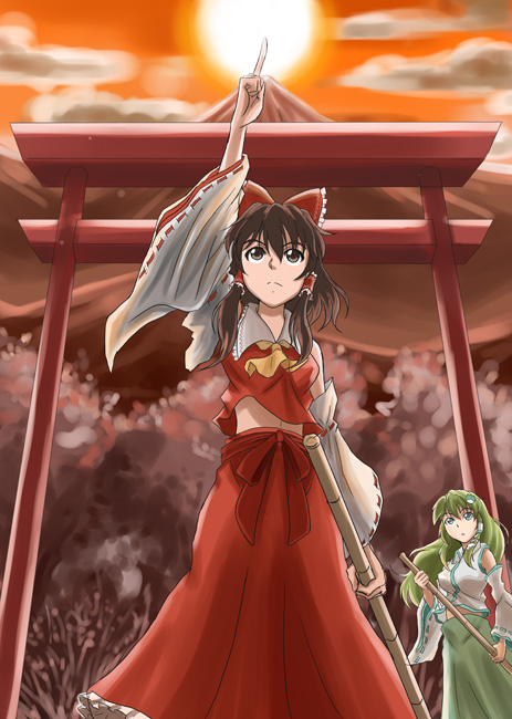 bamboo_broom, bare_shoulders, bow, broom, brown_eyes, brown_hair, cloud, detached_sleeves