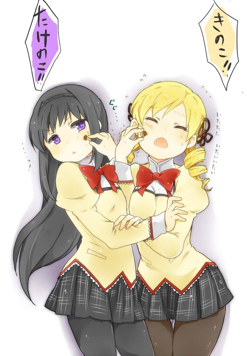 akemi_homura, black_hair, blonde_hair, breast_squeeze, breasts, closed_eyes, drill_hair, eyes_closed