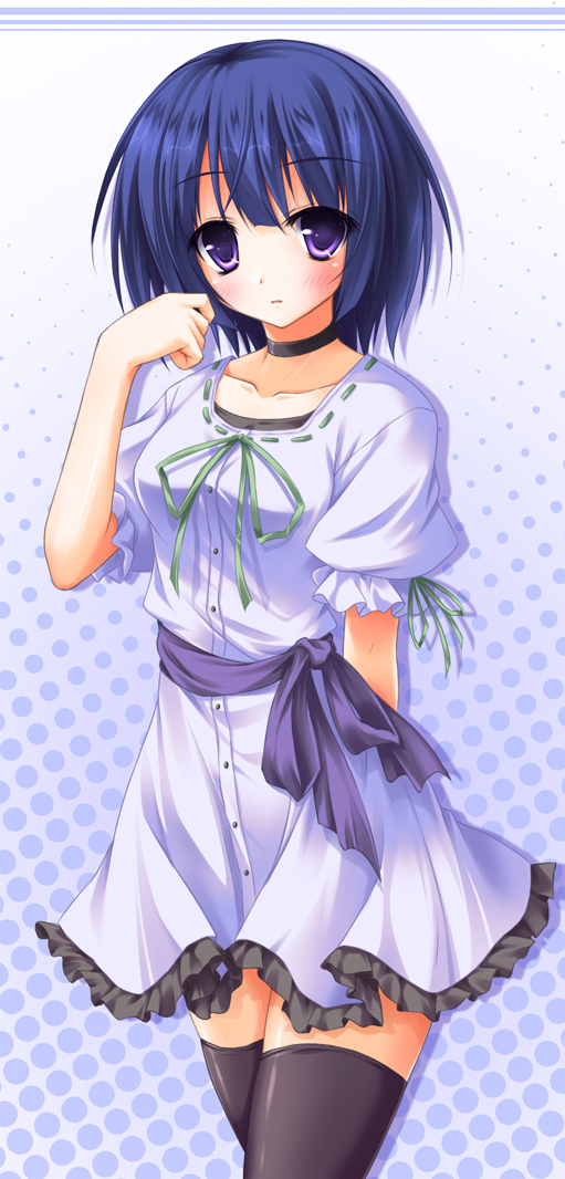 1girl, black_legwear, blue_hair, blush, choker, collarbone, dress, female, looking_at_viewer, original, polka_dot, polka_dot_background, purple_eyes, ribbon, short_hair, solo, standing, suien, thigh-highs, thighhighs, violet_eyes