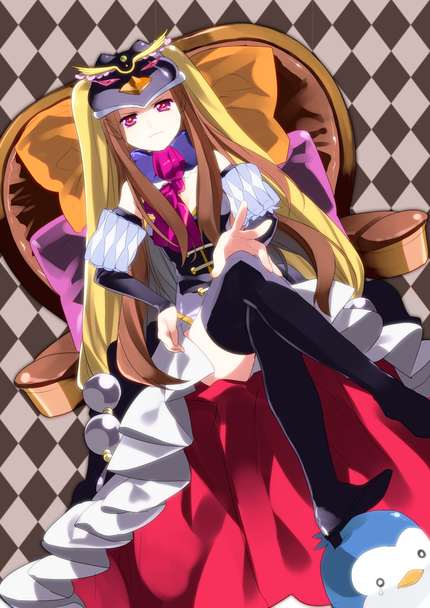 animal_hat, bird, boots, breasts, bridal_gauntlets, brown_hair, chair, cleavage