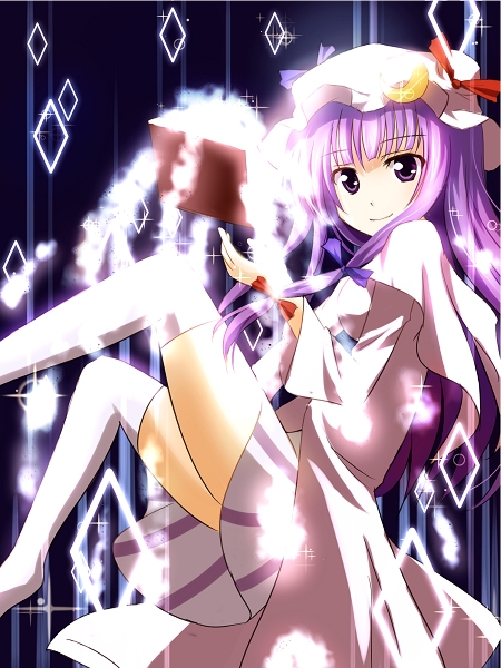 book, crescent, hat, long_hair, mashayuki, patchouli_knowledge, purple_eyes, purple_hair