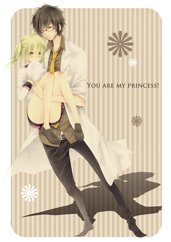 alvin_(tales_of_xillia), beret, black_hair, blonde_hair, carrying, elise_lutas, elise_lutus, glasses, hat, hat_removed, headwear_removed, labcoat, princess_carry, ragi_(pluie), tales_of_(series), tales_of_xillia
