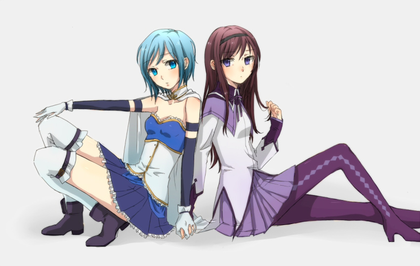 akemi_homura, argyle, argyle_legwear, armband, back-to-back, black_hair, blue_eyes, blue_hair