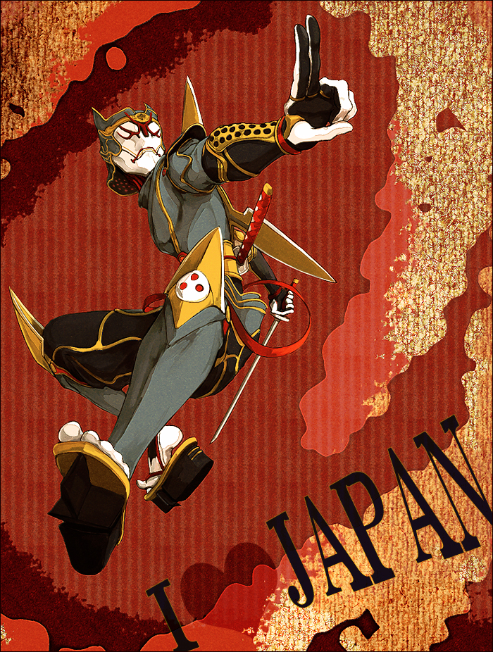 armor, chai_5, feet, geta, helmet, ivan_karelin, katana, male, origami_cyclone, shuriken, solo, superhero, sword, tabi, tiger_&amp;_bunny, weapon