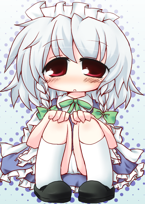 izayoi_sakuya, maid_headdress, panties, pantyshot, red_eyes, ribbon, silver_hair, suzuayatenn