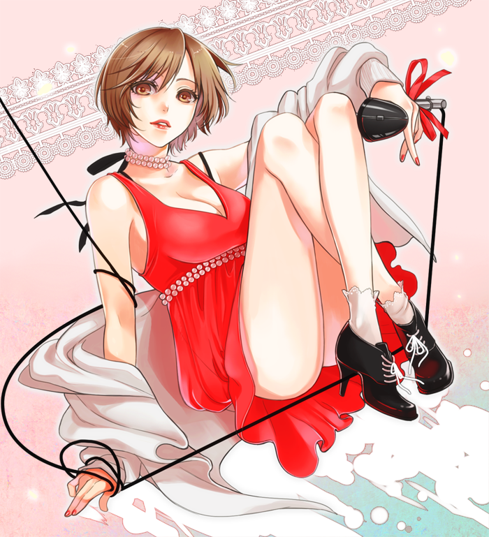 breasts, brown_eyes, brown_hair, cleavage, dress, flapper_girl, high_heels, jewelry