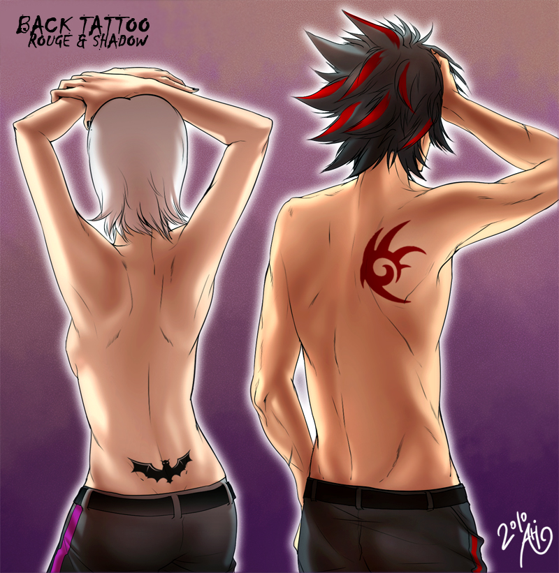 1boy, 1girl, 2010, arms_up, artist_name, artist_signature, back_tattoo, bare_shoulders