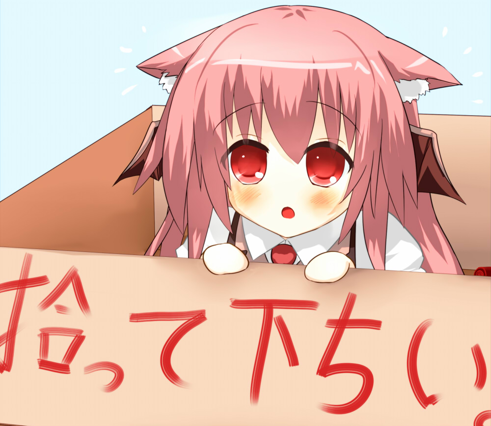 1girl, :o, aemoti, animal_ears, bat_wings, blush, box, cardboard_box