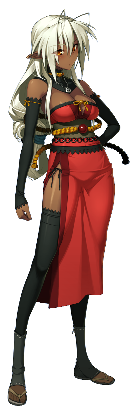 bare_shoulders, black_legwear, bow, breasts, dark_skin, detached_sleeves, elf, highres