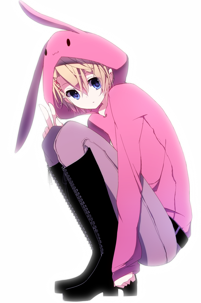 :3, animal_ears, aoi_(nana-c), blonde_hair, blue_eyes, boots, bunny_ears, hoodie